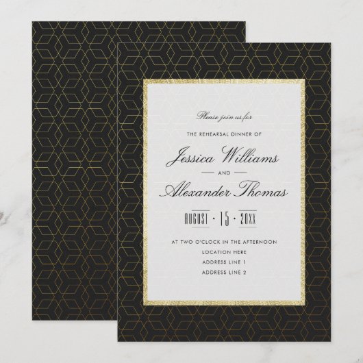 Elegantes Gold & Black Probe Dinner Einladung (Vorne/Hinten)