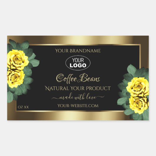 Elegantes Gold Black Product Label Gelbe Rosen Log Rechteckiger Aufkleber (Vorderseite)