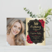 Elegantes Gold Black Rote Rosen Foto 50. Geburtsta Einladung (Stehend Vorderseite)