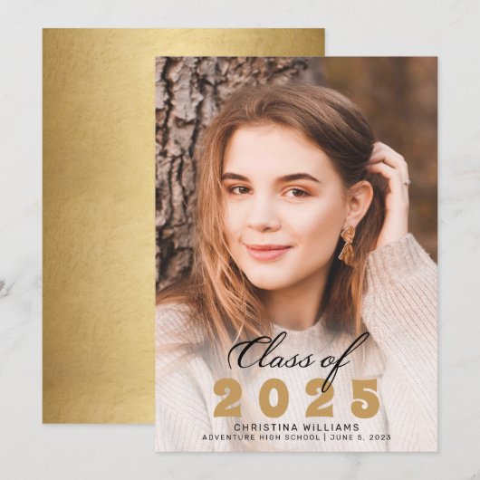 Elegantes Gold Black Script Foto 2025 Abschluss Ankündigung (Vorne/Hinten)