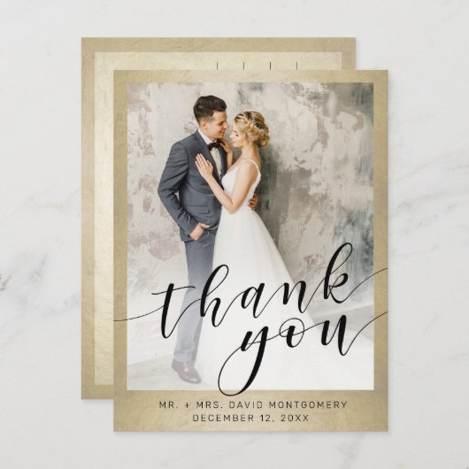 Elegantes Gold Black Script Wedding Foto Vielen Da Postkarte (Vorne/Hinten)