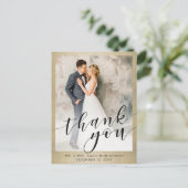 Elegantes Gold Black Script Wedding Foto Vielen Da Postkarte (Stehend Vorderseite)
