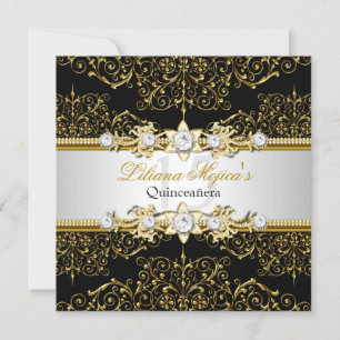 Elegantes Gold & Black Swirl Damask Quinceanera Einladung