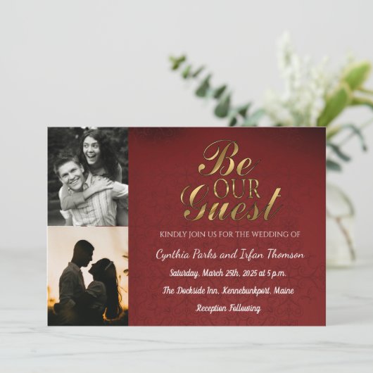 Elegantes Gold Black und Red Custom 2 Fotos Hochze Einladung (Stehend Vorderseite)