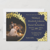 Elegantes Gold, Blau mit Lilies Foto Hochzeit Einladung (Vorderseite)