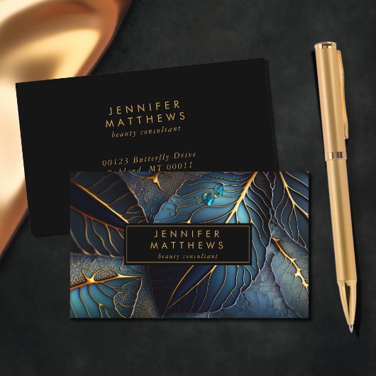 Elegantes Gold Blue Abstrakt Leaf Visitenkarte