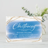 Elegantes Gold & Blue Boy Christening Einladung (Stehend Vorderseite)