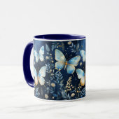 Elegantes Gold Blue Butterfly Pattern auf der Mari Tasse (Vorderseite Links)