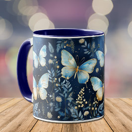 Elegantes Gold Blue Butterfly Pattern auf der Mari Tasse