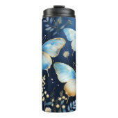 Elegantes Gold Blue Butterfly Pattern auf der Mari Thermosbecher (Vorderseite)