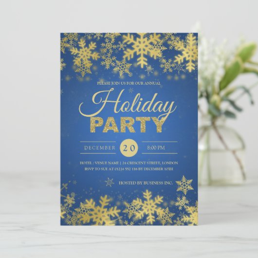 Elegantes Gold & Blue Corporate Weihnachten Party Einladung (Stehend Vorderseite)