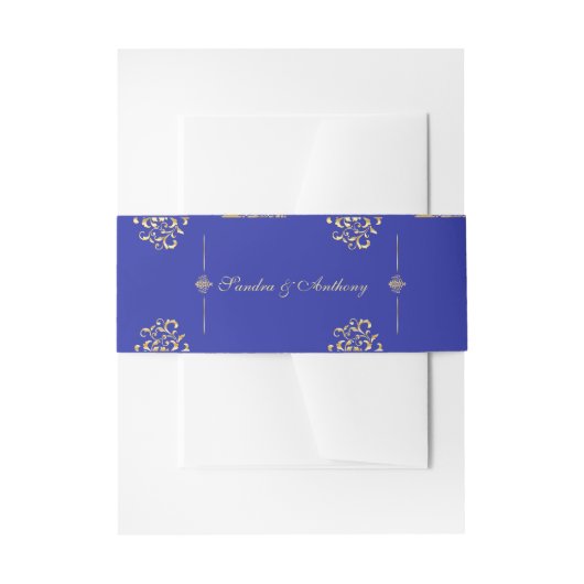 Elegantes Gold & Blue Damask Hochzeitsband Einladungsbanderole (Vorderseite Beispiel)