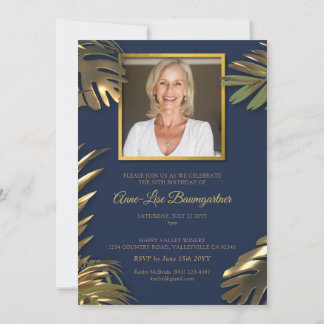 Elegantes Gold Blue Foto 50. Geburtstag Einladung