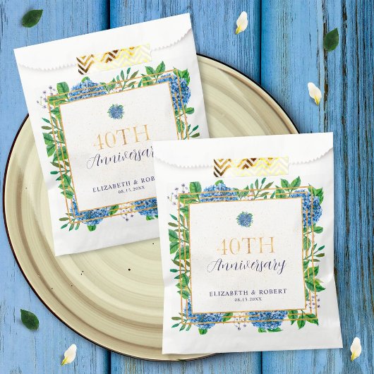 Elegantes Gold Blue Hydrangea 40 Jahre Party Geschenktütchen
