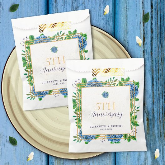 Elegantes Gold Blue Hydrangea 5-jähriges Party Geschenktütchen