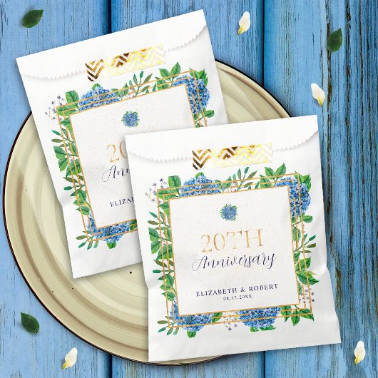 Elegantes Gold Blue Hydrangea Party zum 20-jährige Geschenktütchen