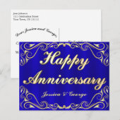 Elegantes Gold & Blue Jubiläum Gruß Postkarte (Vorne/Hinten)