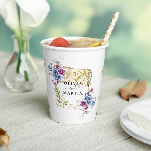 Elegantes Gold Blue Lila Geometric Gerahmt Wedding Pappbecher (In Situ)