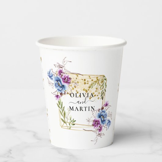 Elegantes Gold Blue Lila Geometric Gerahmt Wedding Pappbecher (Rückseite)