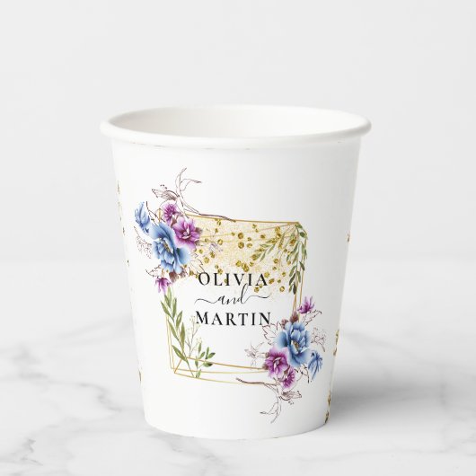 Elegantes Gold Blue Lila Geometric Gerahmt Wedding Pappbecher (Vorderseite)