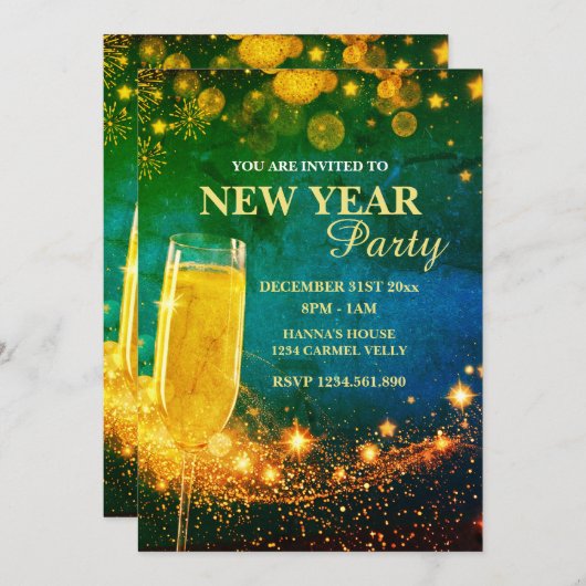 Elegantes Gold & Blue New Year's Eve Party Einladung (Vorne/Hinten)