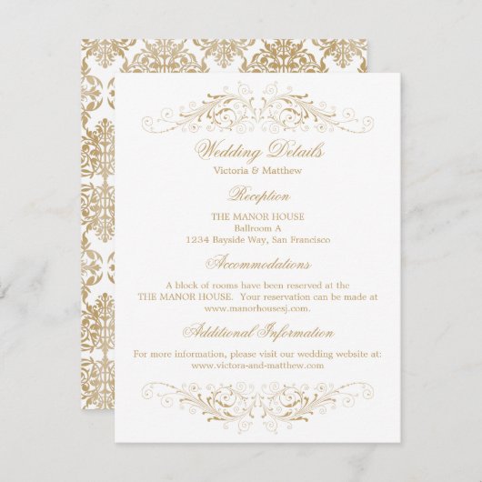 Elegantes Gold Blüh Damask Hochzeitsdetails Einladung (Vorne/Hinten)