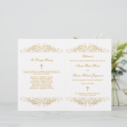 Elegantes Gold Blüh Wedding Program (Stehend Vorderseite)