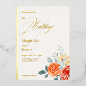 Elegantes Gold Blush Bloral Script Hochzeit Gold Folieneinladung (Vorderseite)