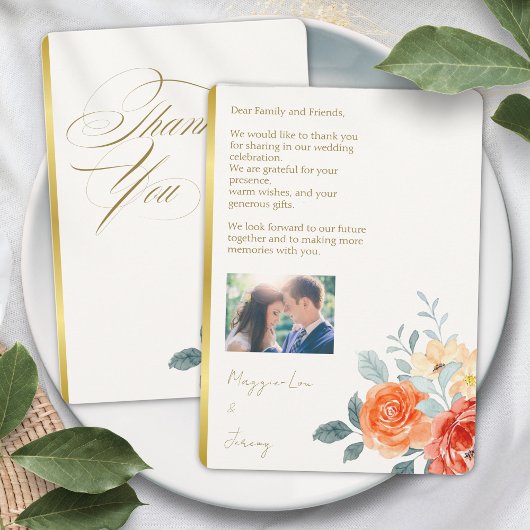 Elegantes Gold Blush Bloral Script Hochzeitsschrei Dankeskarte