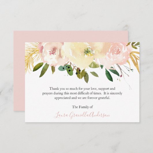 Elegantes Gold Blush Rosa Blumenbeerdigung Dankeskarte (Vorne/Hinten)