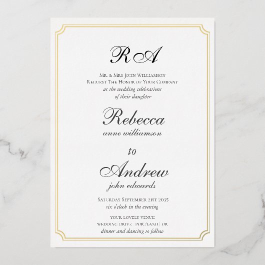 Elegantes Gold Borders Classic Monogramm Folieneinladung (Vorderseite)