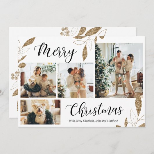 Elegantes Gold Botanical 4 Foto Collage Weihnachte (Vorne/Hinten)