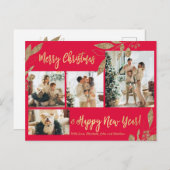 Elegantes Gold Botanical 4 Foto Collage Weihnachte Postkarte (Vorne/Hinten)