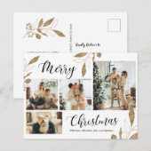 Elegantes Gold Botanical 4 Foto Collage Weihnachte Postkarte (Vorne/Hinten)
