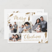 Elegantes Gold Botanical 4 Foto Collage Weihnachte Postkarte (Vorne/Hinten)