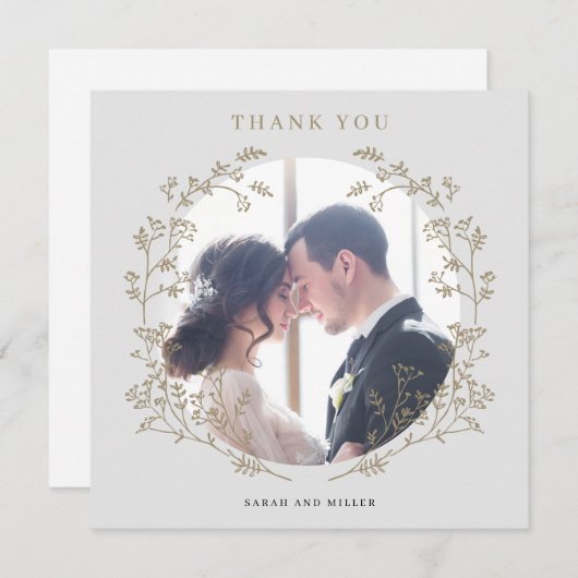 Elegantes Gold Botanisches Kranz Foto Vielen Dank (Vorne/Hinten)