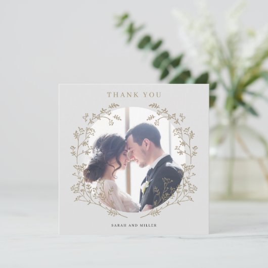 Elegantes Gold Botanisches Kranz Foto Vielen Dank (Stehend Vorderseite)