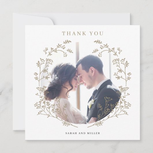 Elegantes Gold Botanisches Kranz Foto Vielen Dank (Vorderseite)