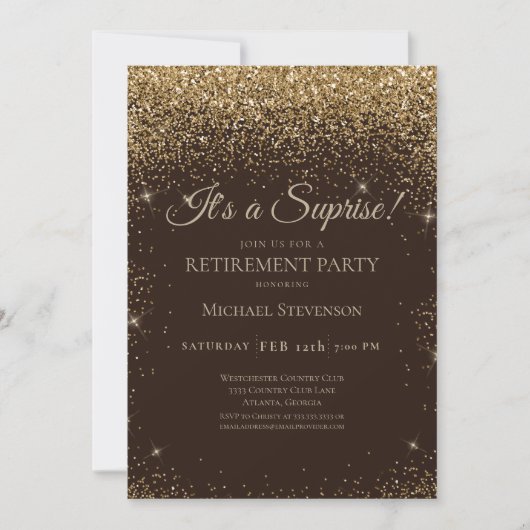 Elegantes Gold Brown Surprise Retirement Party Einladung (Vorderseite)