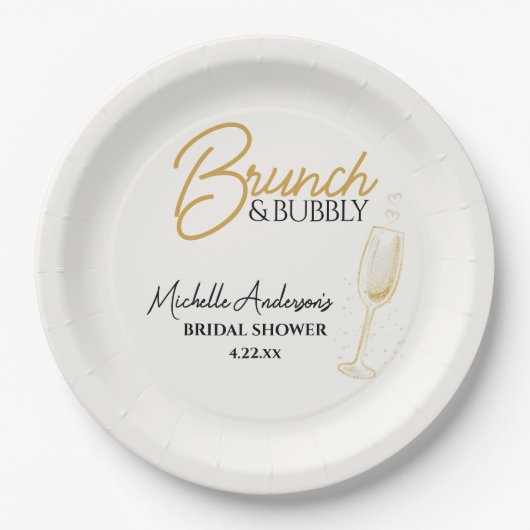 Elegantes Gold Brunch & Bubbly Brautparty Pappteller (Vorderseite)