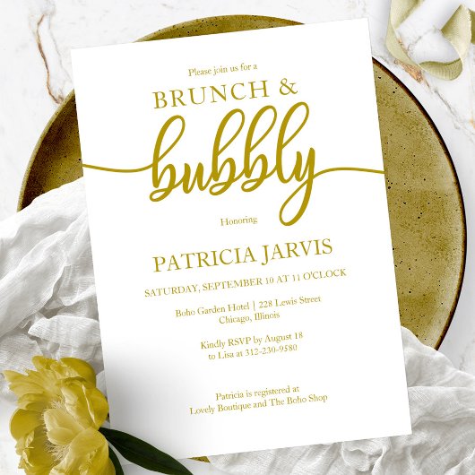 Elegantes Gold Brunch und Bubbly Brautparty Einladung