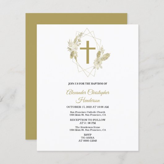 Elegantes Gold/BUDGET/Taufen Einladung. (Vorne/Hinten)