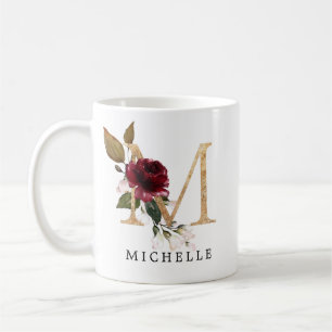 Elegantes Gold-Burgund und Blush-Blumen Buchstabe  Kaffeetasse
