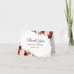 Elegantes Gold-Burgunder-Blumen-Quinceanera Dankeskarte