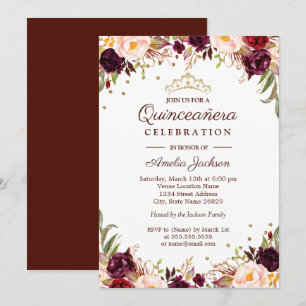 Elegantes Gold-Burgunder-Blumen-Quinceanera Einladung