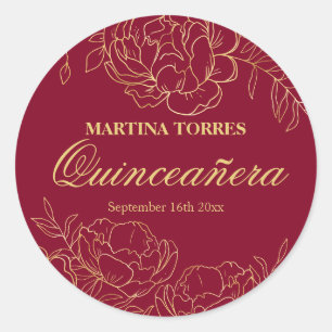 Elegantes Gold-Burgunderrot-Florales Quinceanera Runder Aufkleber