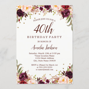 Elegantes Gold Burgundy Floral 40. Geburtstag Part Einladung