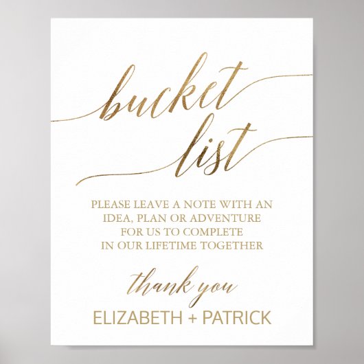 Elegantes Gold Calligraphy Bucket List-Zeichen Poster (Vorne)