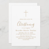 Elegantes Gold Calligraphy Cross Christening Einladung (Vorne/Hinten)