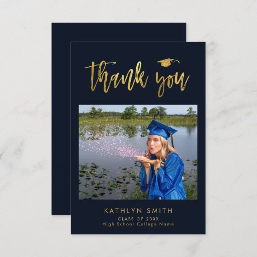 Elegantes Gold Calligraphy Foto GRAD Dankeschön-Ka Einladung (Vorne/Hinten)